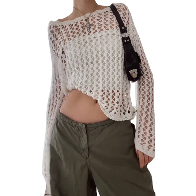 Blusa de lana holgada con cuello redondo y malla grande hueca blanca S, top informal exterior corto transpirable personalizado para chica caliente
