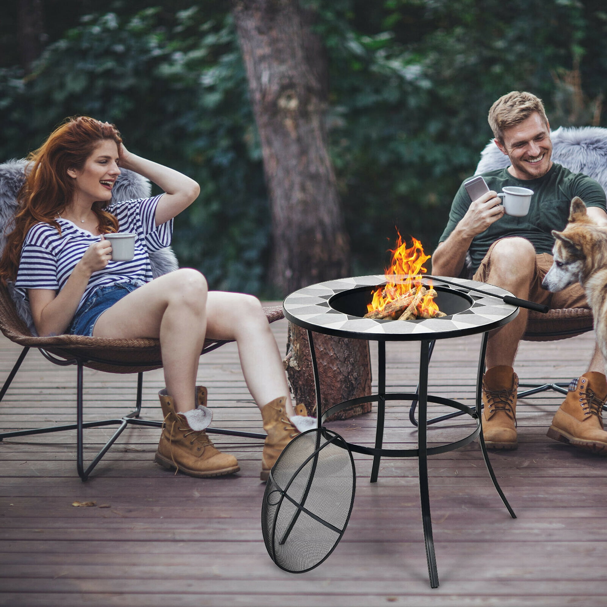 Gymax 23.5'' Round Fire Pit Table Wood Burning Heater W/ Mesh Cover & Fire Poker