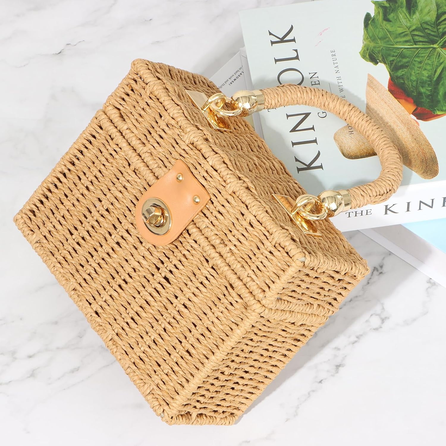Women Handwoven Rattan Handbag Beach Straw Tote Bag Square Boho Crossbody Bag