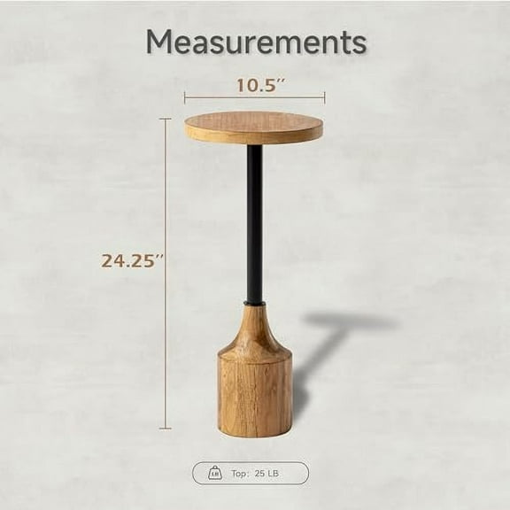 Farmhouse Pedestal End Table, Rustic Wood Drink Table with Base, Round Martini Table for Small Space Living Room, Bedroom, Natural Wood & Black
