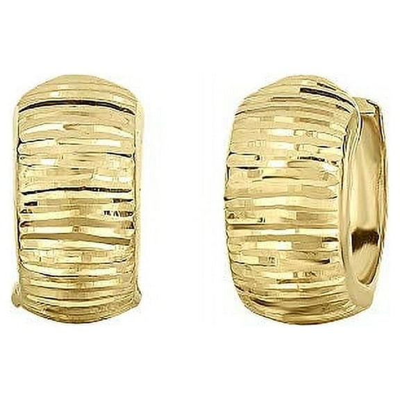 JewelStop 14K Yellow Gold Round Diamond Cut Textured Hoop Earrings, Hinged Clasp - 7 X 15mm, 1.9gr.