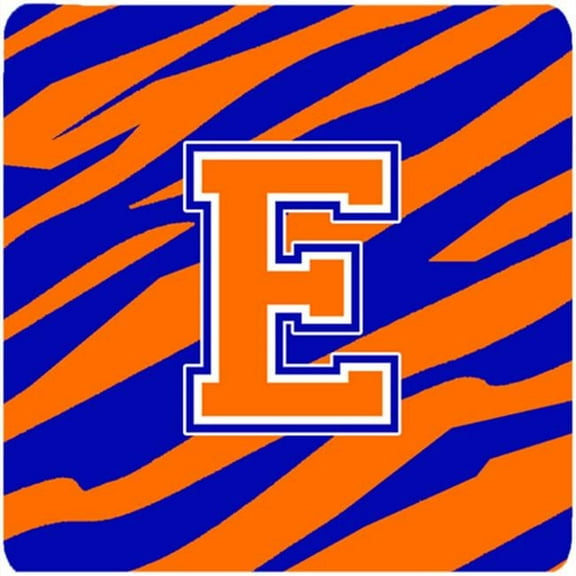 Monogram - Tiger Stripe - Blue Orange Foam Coasters Initial Letter E, Set - 4