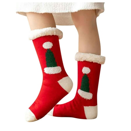 

QWERTYU Non Slip Warm Cozy Thick Fuzzy Socks for Women Christmas Soft Fluffy Slipper Socks Red One Size