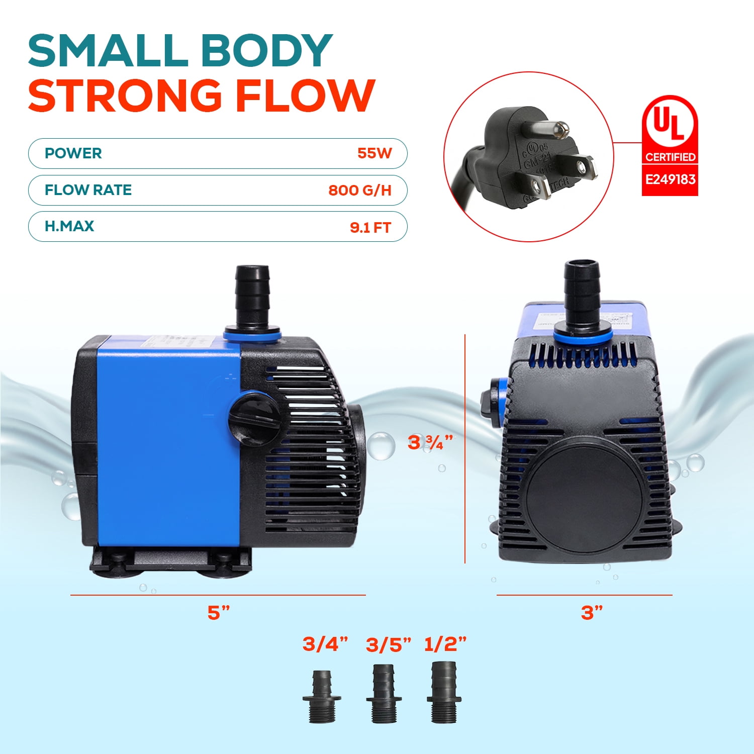 800 GPH Adjustable Submersible Water Pump – 9.1 ft Max Lift, SJTW Cord, Ultra Quiet Fountain & Pond Pump for Aquariums, Fish Tanks, Hydroponics & Water Features
