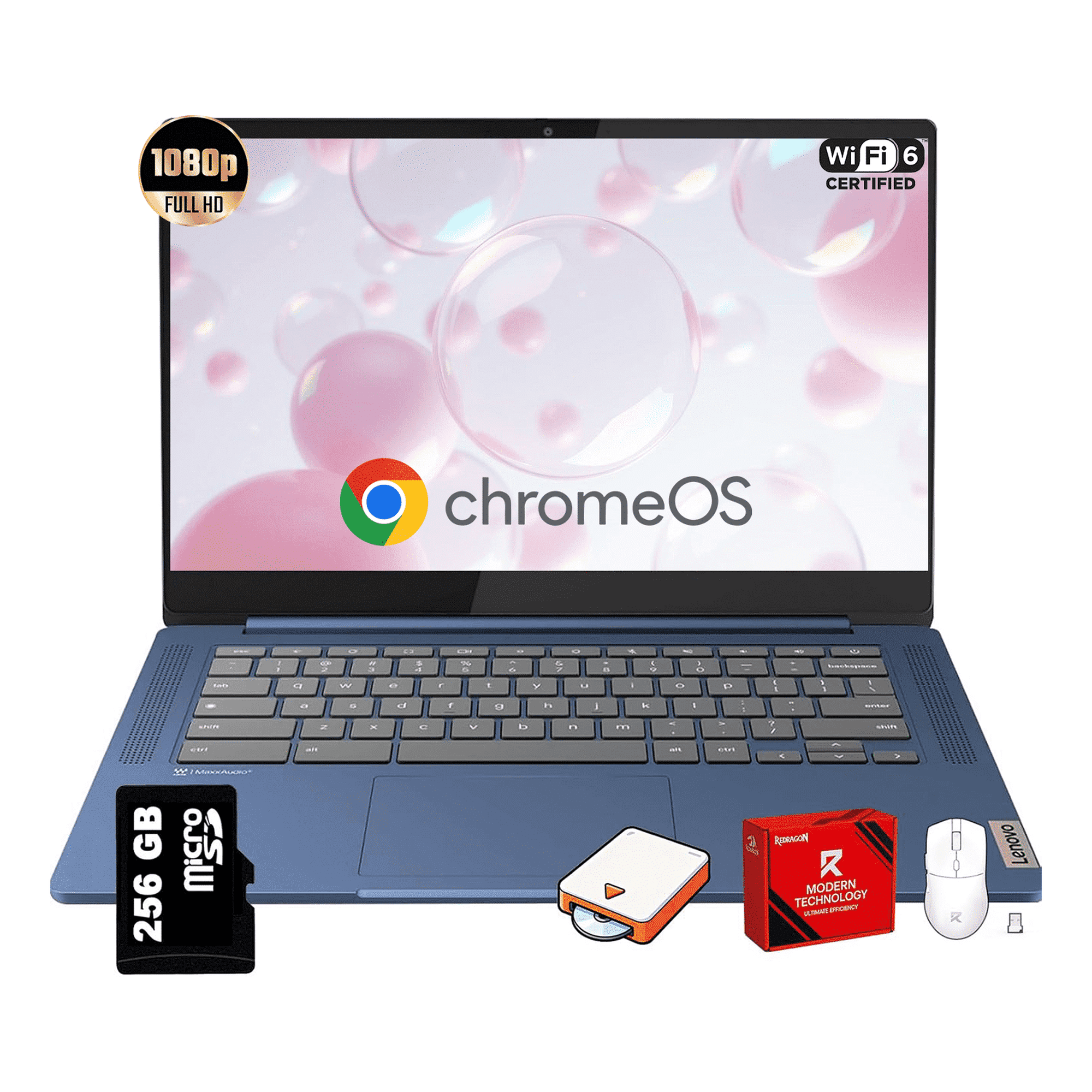 Lenovo IdeaPad Slim 3 Chromebook - 14'' Full HD (1920 x 1080) Display, 8-Core MediaTek Kompanio 520 CPU, 4GB RAM, 64GB eMMC & 256GB Micro SD Card, Wi-Fi 6, for Business Student, Chrome OS, Blue