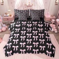 jejeloiu Chic Bow Tie 7 Pieces Bedding Comforter Set,Pink Ribbon Bowknot Full Bedding Set For Girl Teens Reversible