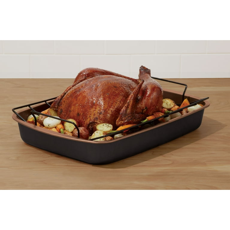 Mainstays Nonstick Roasting Pan with Nonstick Roasting Rack, Copper &  Black, 17.5L x 12.75W x 2.7H