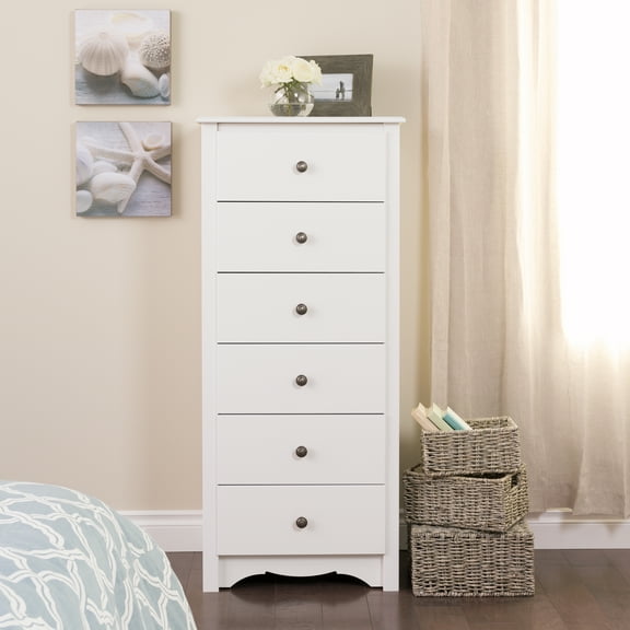 Prepac Monterey 6 Drawer Wooden Dresser Chest, 19" x 23.25" x 52.75", White