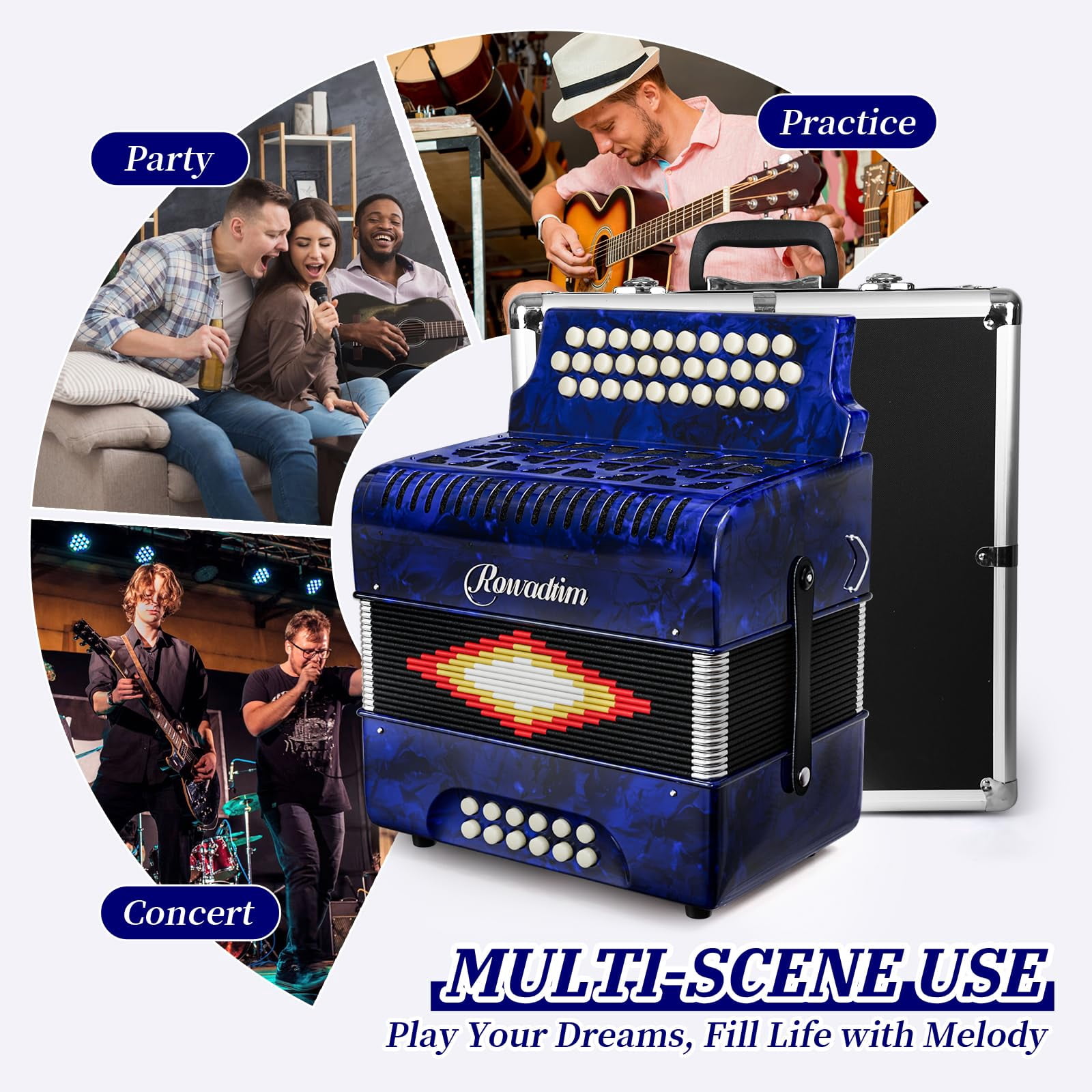 Rowadtim Accordion - 31 Keys, 12 Bass Professional Diatonic, Premium Portable Button Accordion for Adults & Beginners with Thick Protective Case (Blue)