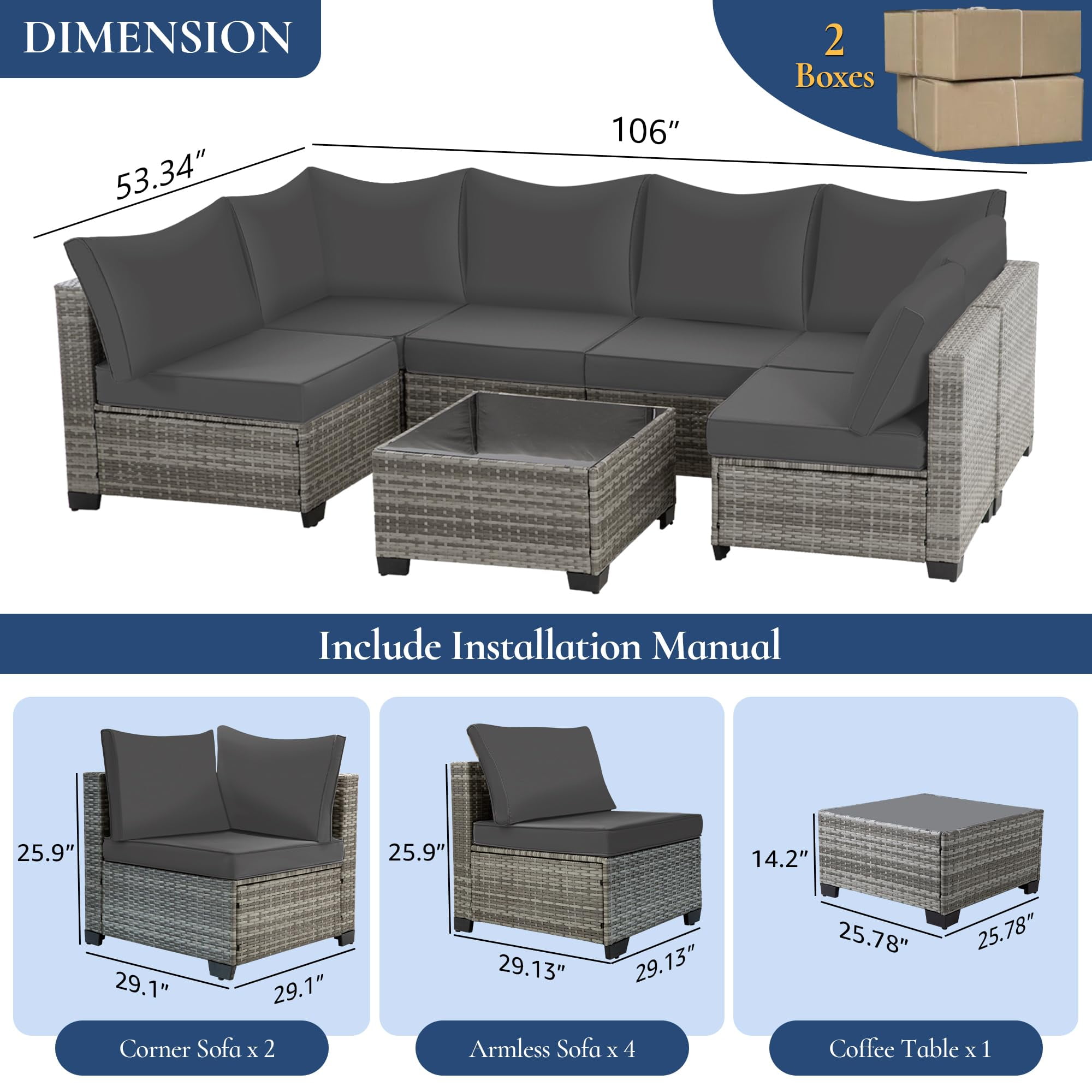 FHFO 7 Pieces Outdoor Patio Furniture Set, Wicker Sectional Sofa Set Rattan Modular Patio Conversation Sets with Cushions Couch Set & Coffee Table for Outside, Garden, Balcony, Porch, Grey/Gray