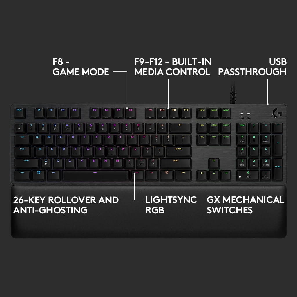 Logitech G513 Mechanical Gaming Corded Computer Keyboard for PC, Black