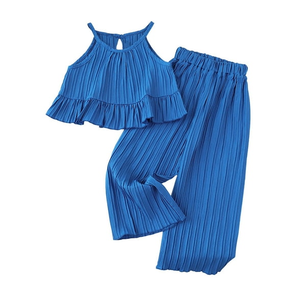 Ketyyh-chn99 Toddler Girl Summer Outfit Girls Korean Version Of The Fashionable Summer 2 Piece Chiffon Western Layered Top Wide Legged Pants Border Children Clothing Size for 5-6 Years,Blue
