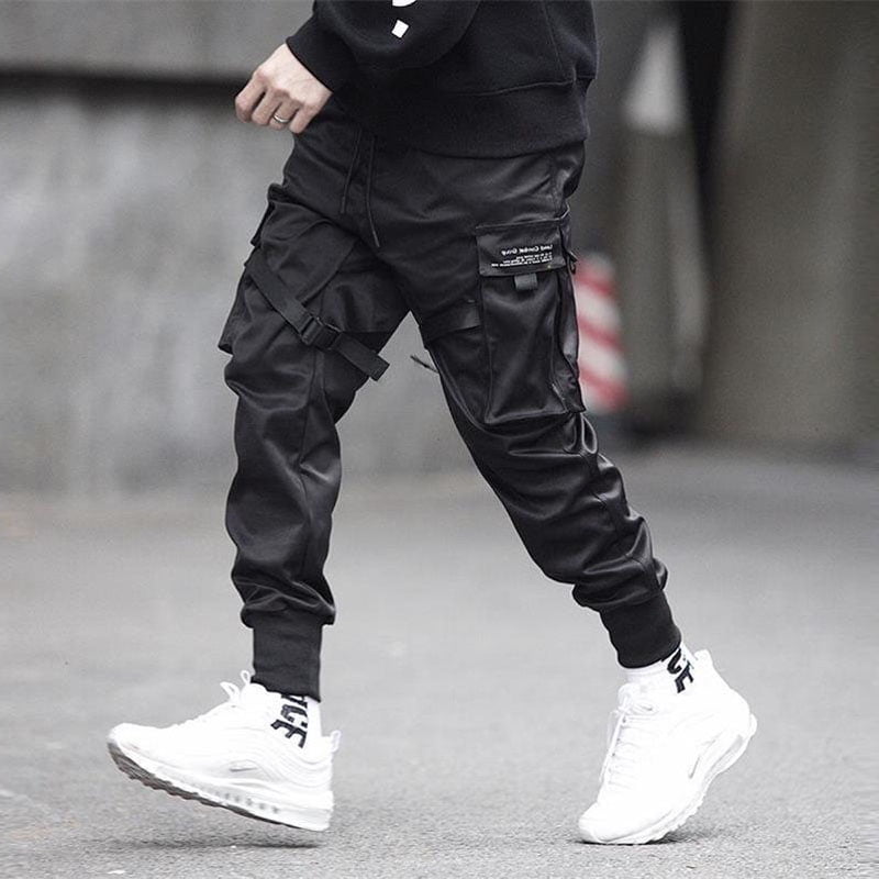 Men's Side Pockets Cargo Pants Ribbons Male Joggers Trousers Streetwear  Pants