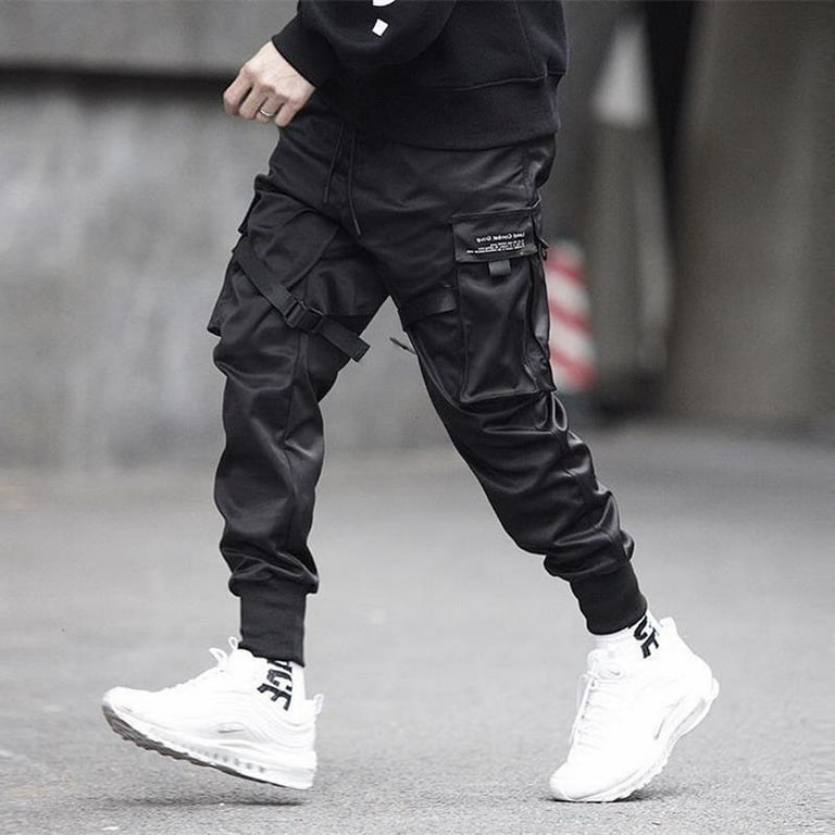 Men Cargo Pants Black Ribbons Block Multi-Pocket Harem Joggers Sweatpant  Hip Hop Casual Male Trousers 