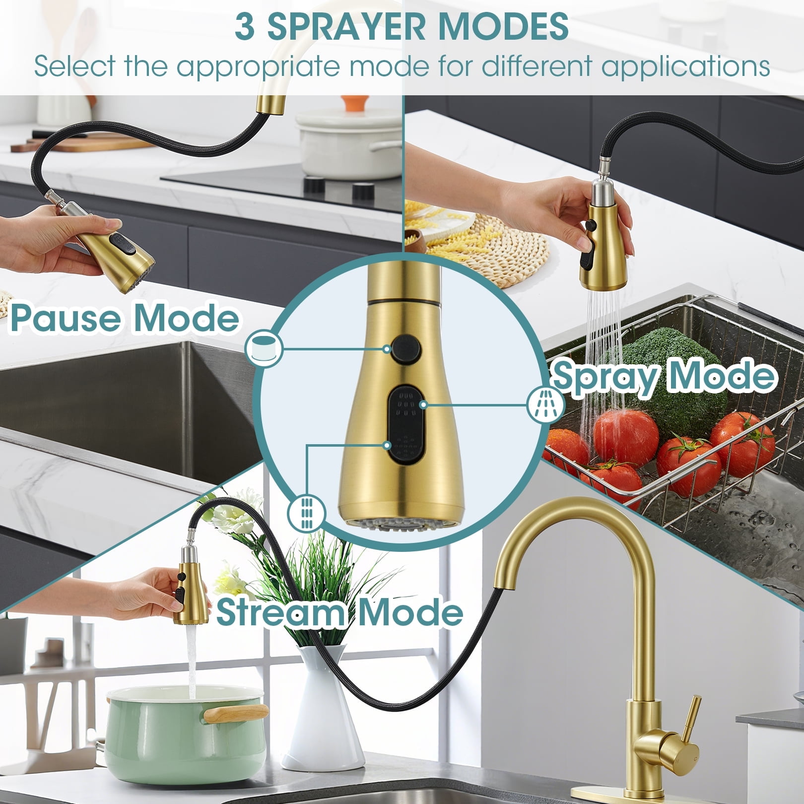 Wowkk Sanitary Ware Kitchen Sink Faucet with Pull Down Sprayer, Single Handle SUS304 Stainless Steel Kitchen Faucets with Deck Plate to Cover 1 or 3 Holes for Bar, Laundry, Brushed Gold