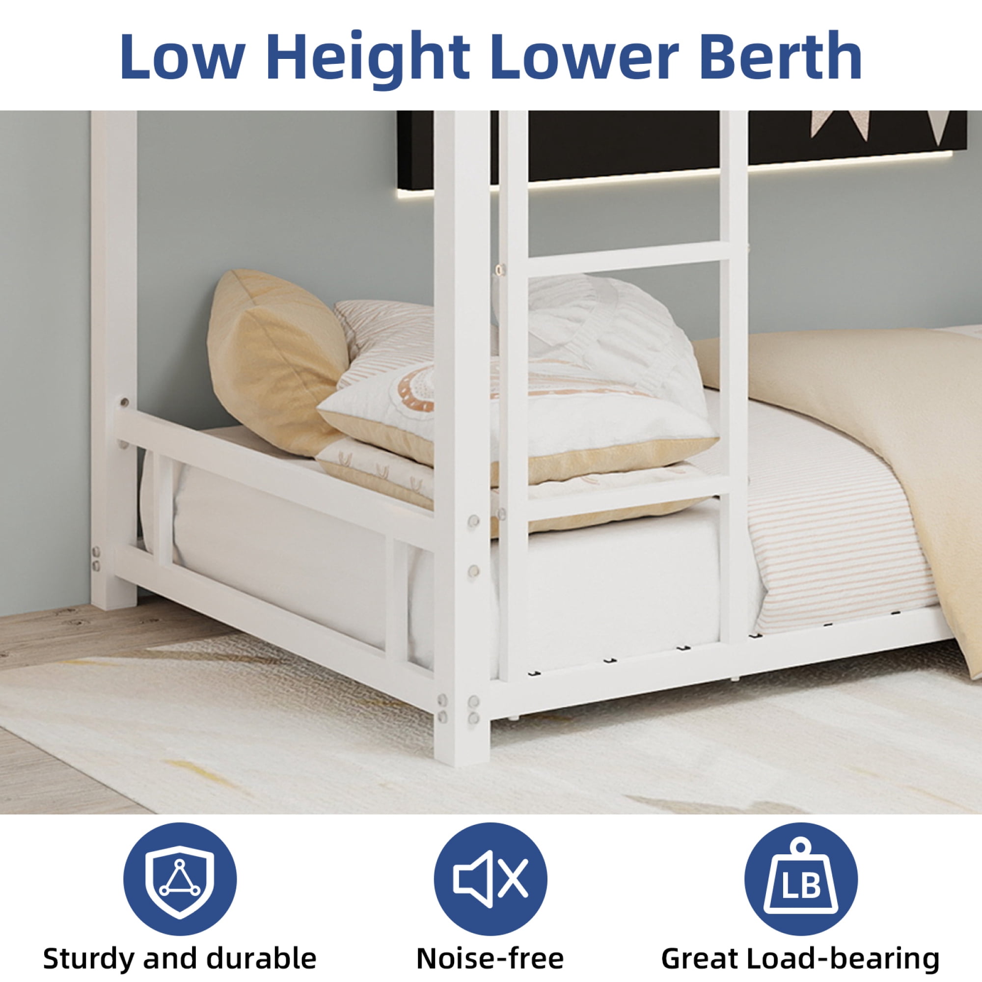 Metal Twin over Twin Bunk Bed with Ladder and Safety Guardrails, Heavy Duty Bunk Bedframe for Kids Teens Adults, Low Bunk Beds for Boys Girls, Noise Free