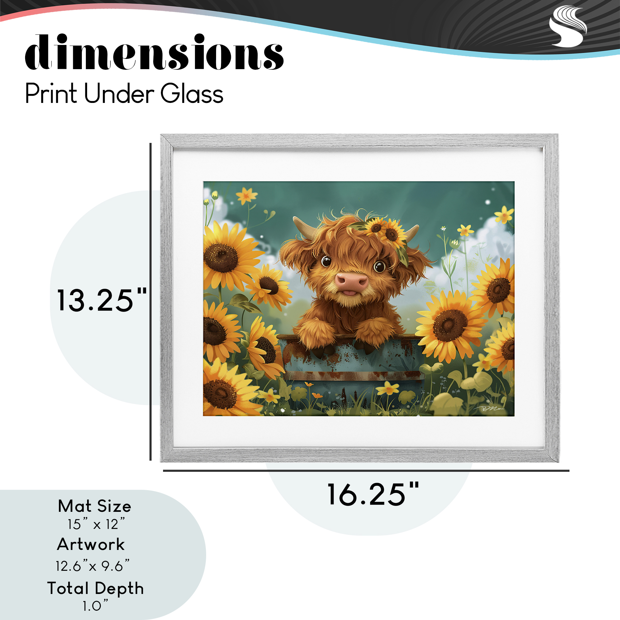 Cute Happy Highland Cow Gray Framed Print Under Glass, design by Momart