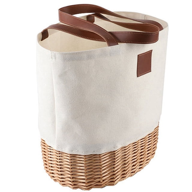 Cesta de picnic, bolsa de picnic, base tejida resistente y bolsa de lona para playa con cierre de cordón y correas