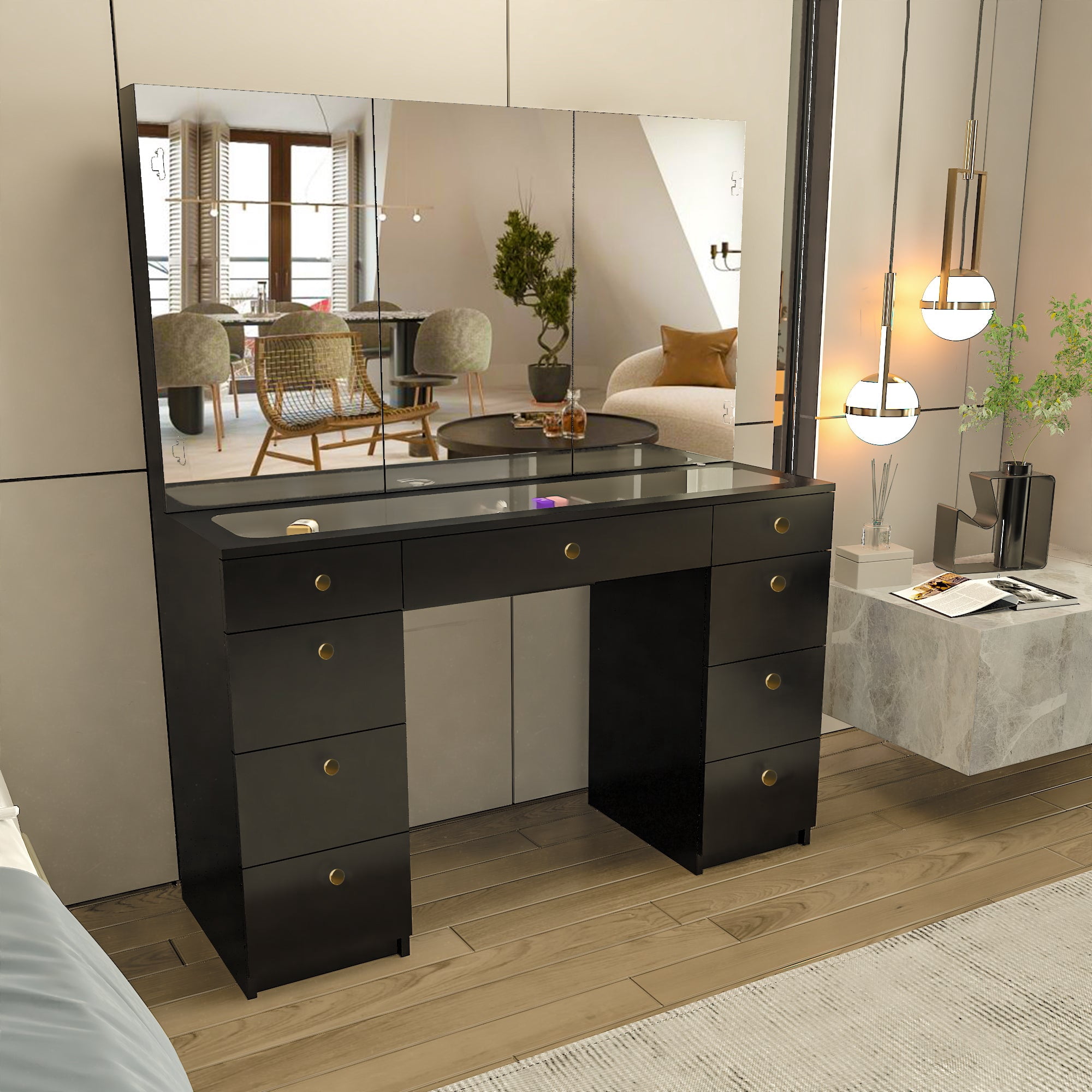 Boahaus Lily Modern Black Painted Vanity Table with Gold Knobs, for ...