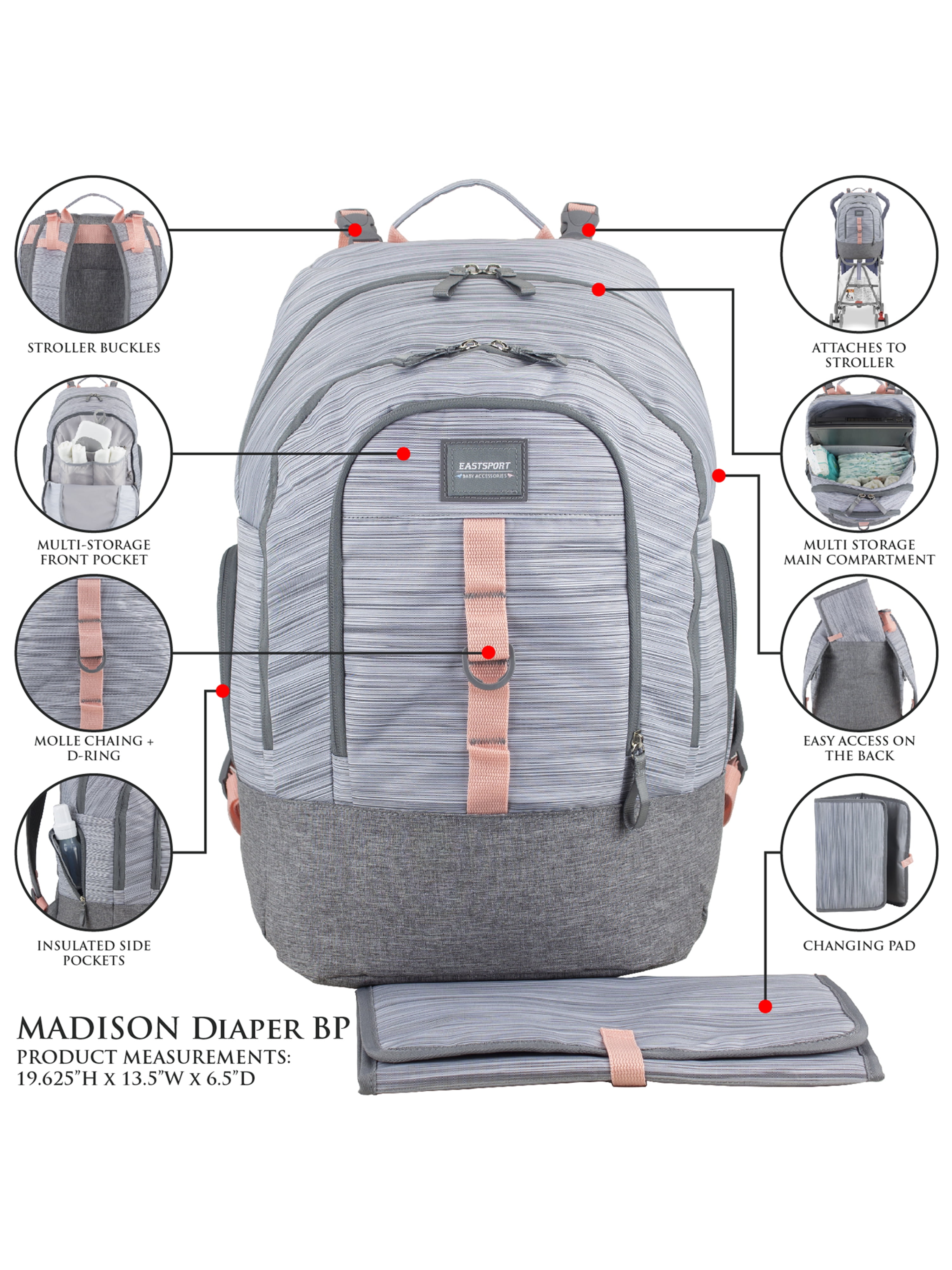 Eastsport Large Madison Diaper Backpack with Changing Pad, Grey