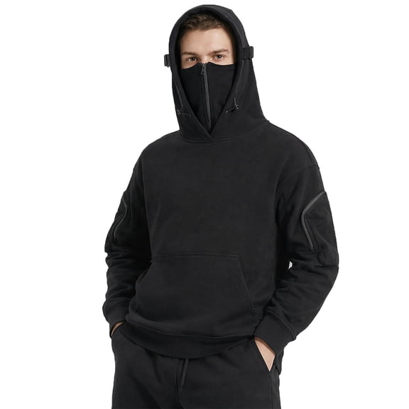 IWRICH Men's Balaclava Hoodie Half Zipper Jacket Double Hooded Sweatshirt Wind Resistant Athletic Coat Black XL