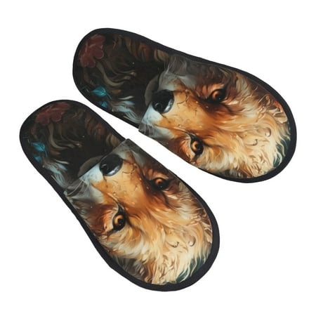 

KLL Floral Fox Slippers for Women Men House Slip on Indoor Outdoor Bedroom Furry Fleece Lined Ladies Comfy Anti-Skid Rubber Hard Sole-Medium