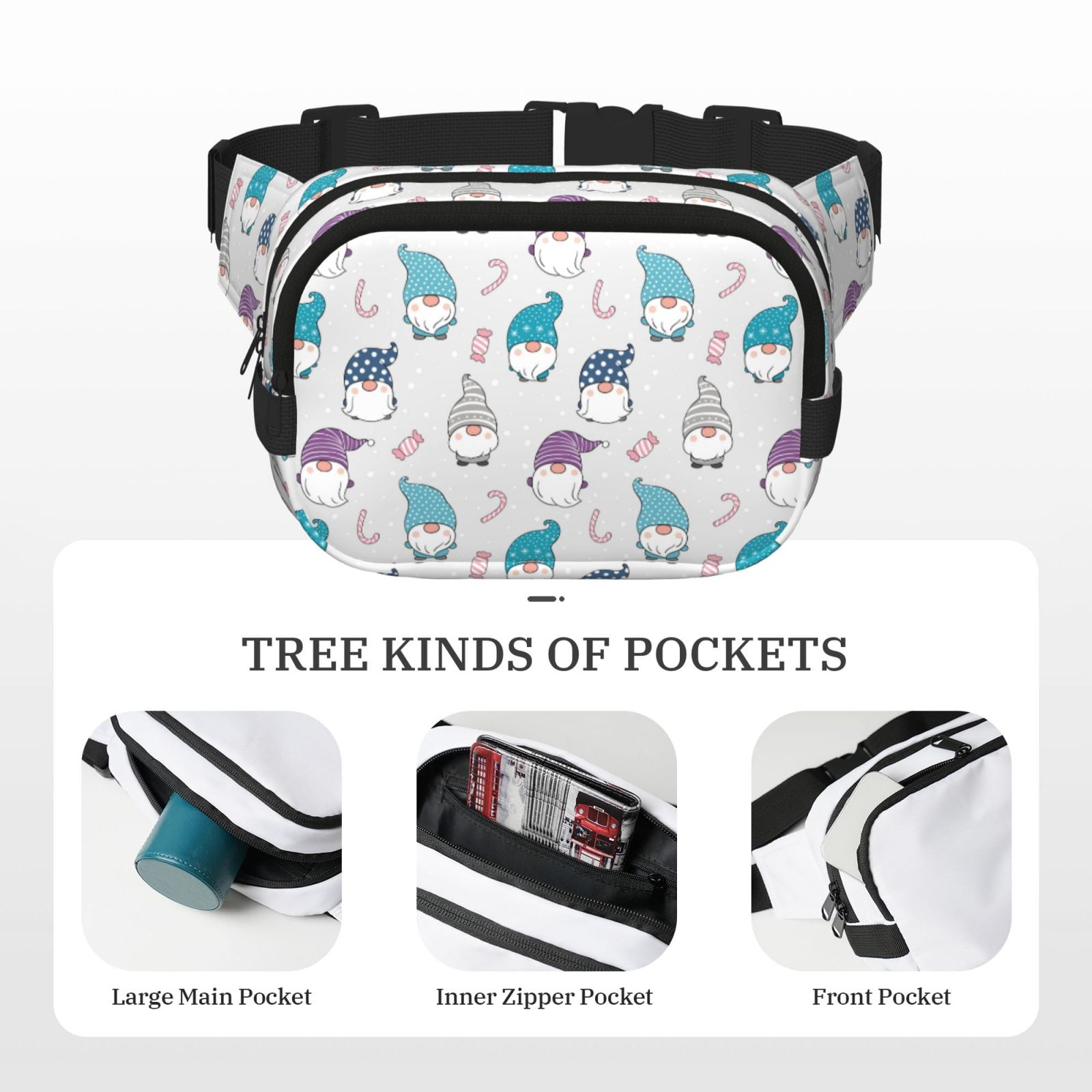 Hirioo cute winter Gnome for Double Layer Waist Bag Adjustable Fanny Pack For Travel Running Hiking