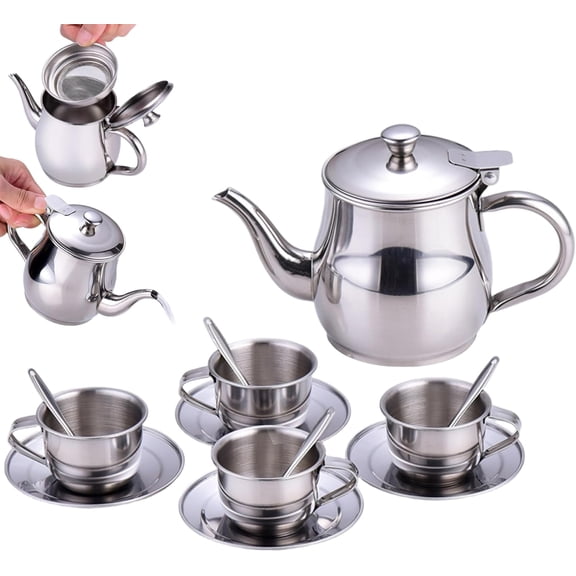 Kids Stainless Steel Tea Set, Heat/Shock Resistant Pretend Play, Safe Teapot & Cups for Boys/Girls (6-Piece)