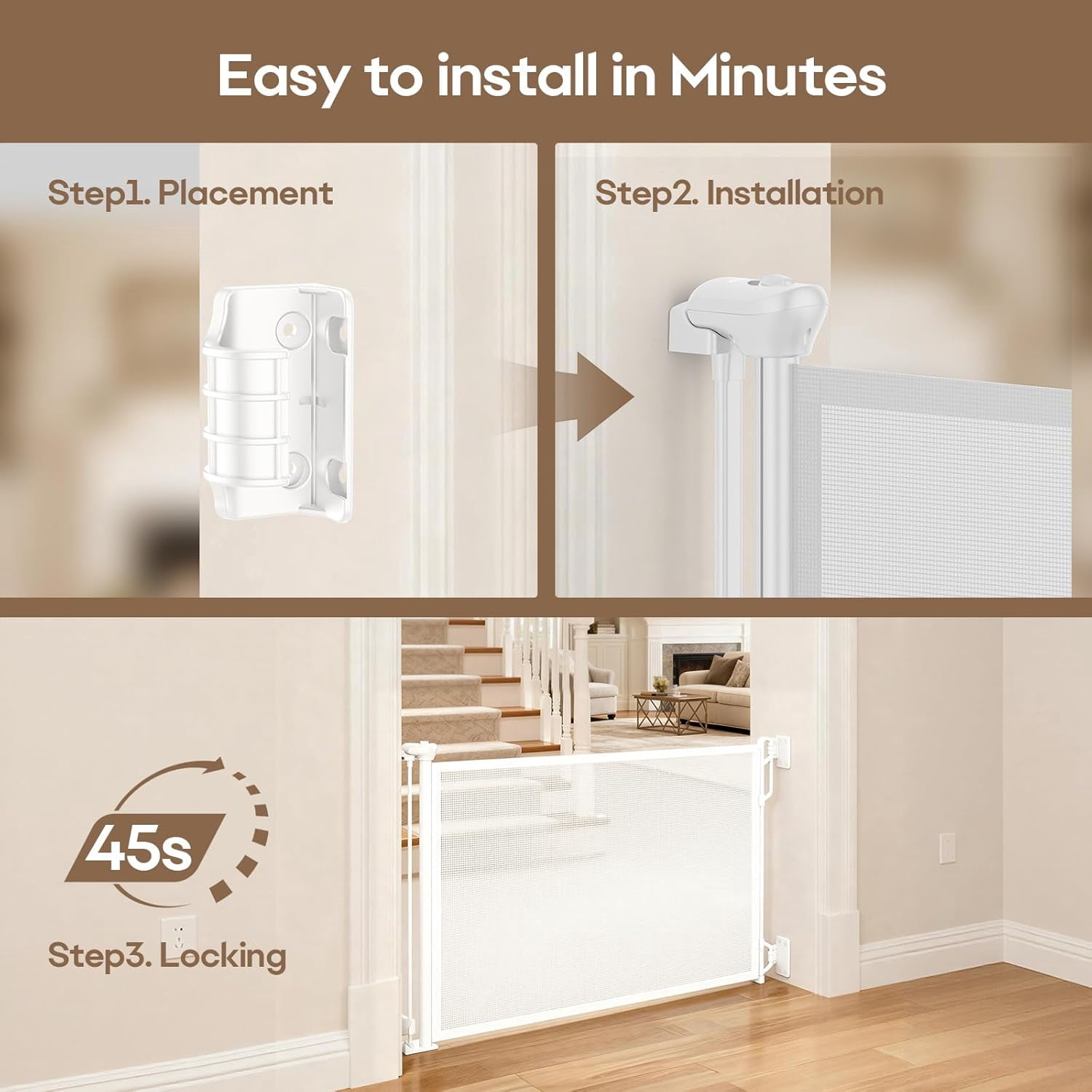 Retractable Safety Baby Gate or Mesh Dog Gate,Durable Portable Mesh Retractable Gate,Easy to Use for Stairs, Doorways, Hallways, Indoor, Outdoor, 33.5" Tall, Up to 55" Wide, Cream