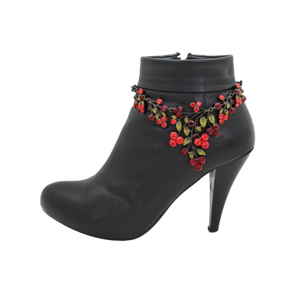 Women Metal Chain Boot Bracelet Anklet Shoe Charm Red Flowers