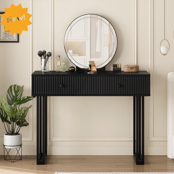 Vanity Desk with Mirror and Lights, 49.2"H Makeup Vanity with 2 Drawers, Modern Dressing Table with 3 Color LED Lights & Adjustable Brightness, Bedroom Vanity Organizer