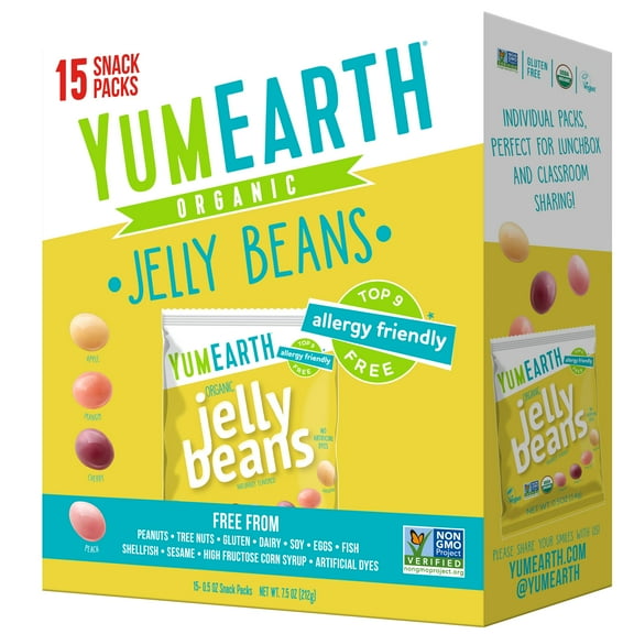 YumEarth Organic Jelly Beans - Fruity Candy Snack Packs, Gluten Free Snacks for Kids - Allergy Friendly, Non-GMO, No Artificial Flavors or Dyes - Assorted Flavors, 7.5 oz. (Pack of 15) ES6