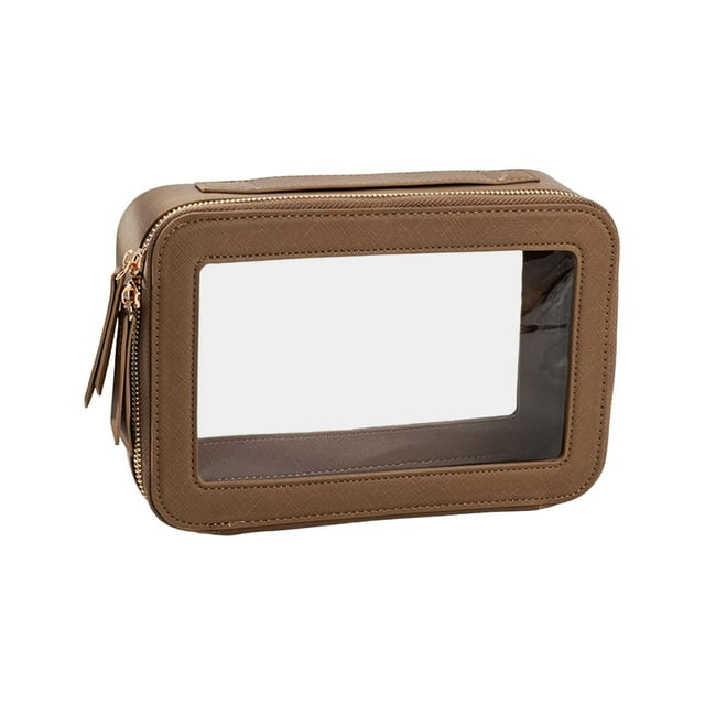 Bolsa de maquillaje de cuero PU, gran capacidad, bolsa de maquillaje transparente, organizador de cosméticos, bolsa portátil para cuidado de la piel Caqui