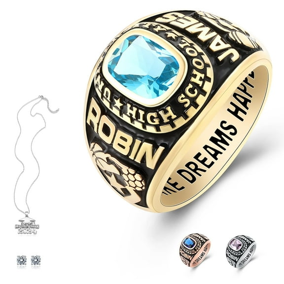 Ccjcinata Customized Sterling Silver High School and College Class Ring for men pride ring graduation rings Classic Collection Fully Personalized (Sterling Silver - Gold Plated)