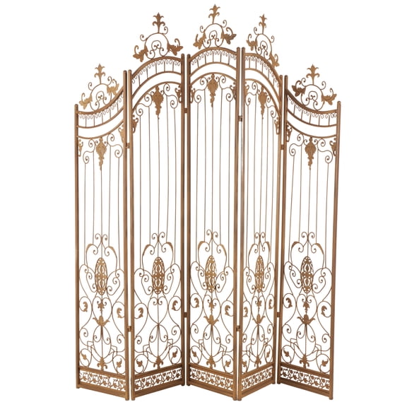 DecMode 80" x 80" Bronze Metal Scroll Hinged Foldable Arched Partition 5 Panel Room Divider Screen, 1-Piece