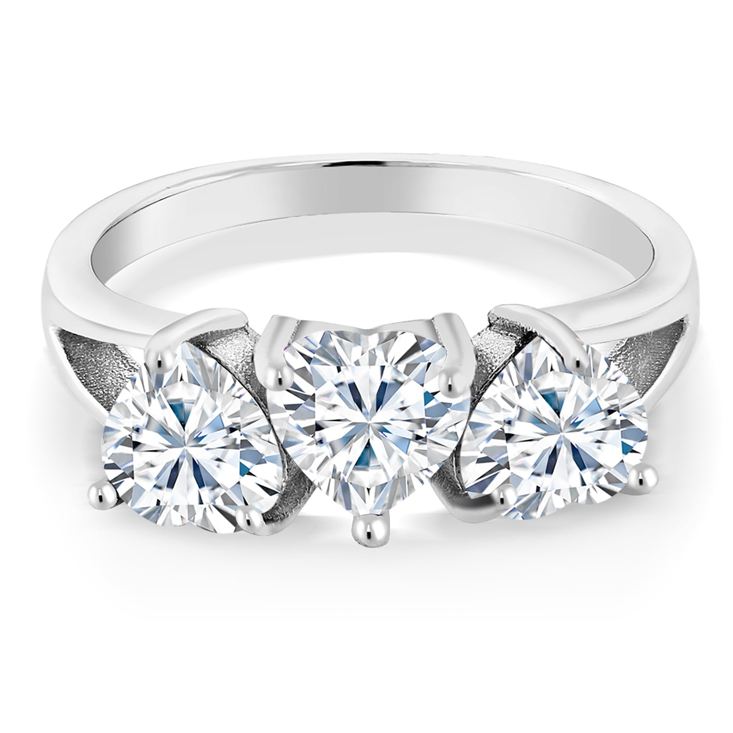 Gem Stone King 925 Sterling Silver 3-Stone Ring Heart Shape 2.40cttw Moissanite