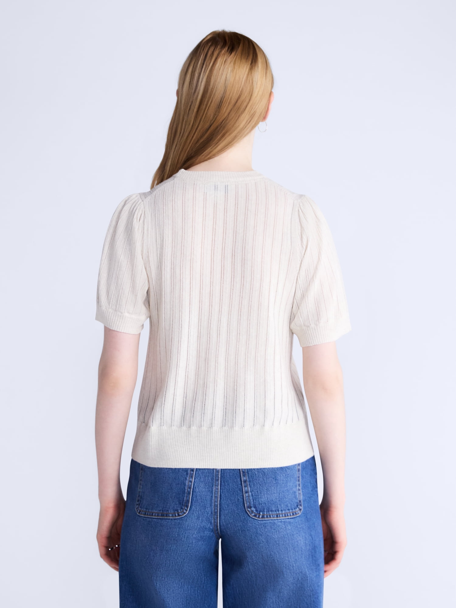 Free Assembly Women’s and Women's Plus Pointelle Sweater with Puff Sleeves, Sizes XS-4X