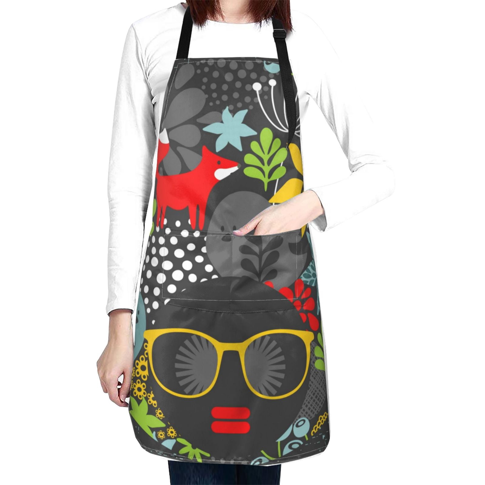 Kdxio Black Head Woman with Fox Hair Apron with Pockets Adjustable Kitchen Aprons for Men Women Waterproof Aprons for Cooking,Drawing,Crafting, Baking Household Cleaning