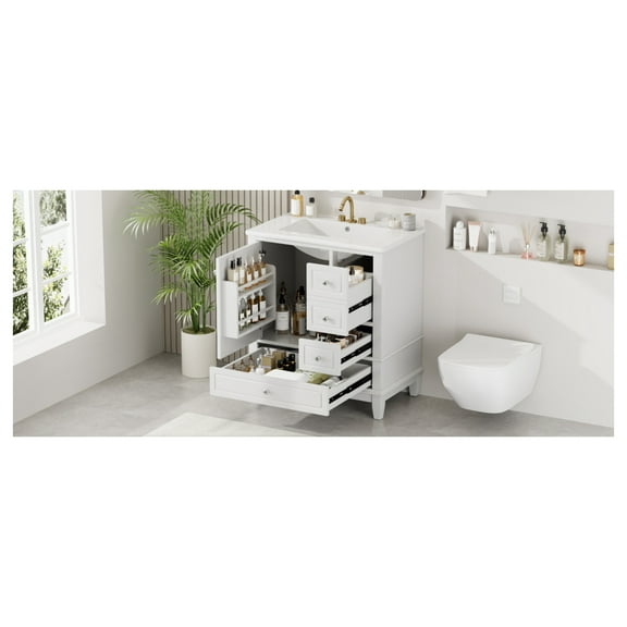 30" Bathroom Vanity with Sink, One Door with Shelf and Three Drawers, Soft Close Door, White