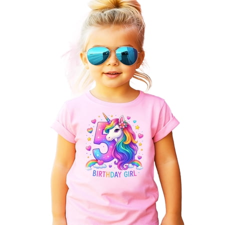 5th Birthday Unicorn Shirt for Girls Rainbow Horse Party Theme Five Year Old Graphic Tee Pink Shirt Youth Small