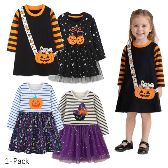 Emy Dola 2-7 Years Toddler Girls Cotton Halloween Dress Kids Pumpkin Bag Applique A-line Dresses Long Sleeve Fall Winter Shirt Dress