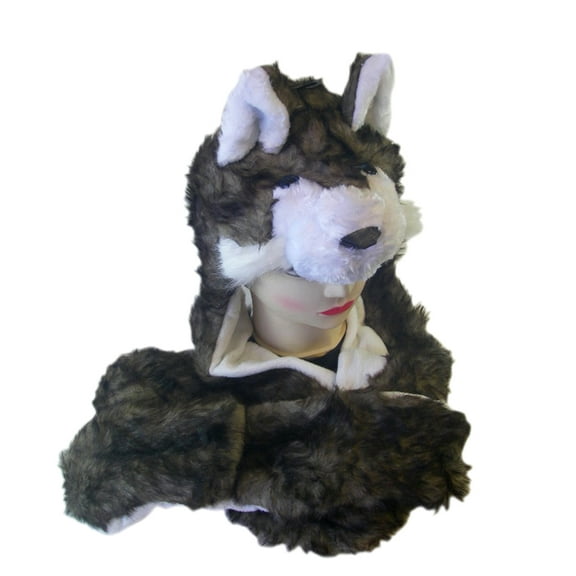 Plush Husky Animal Hat - Husky Hat with Ear Flaps and Hand Pockets