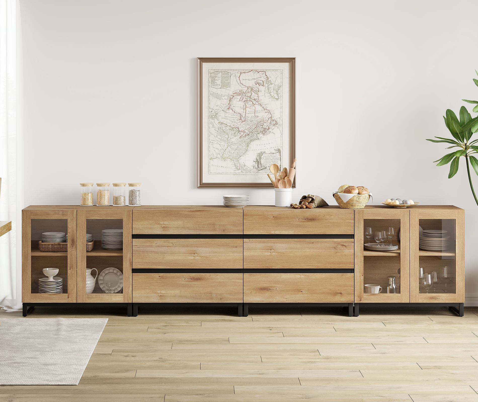 Multifunctional Coffee Bar Cabinet, 4-In-1 Storage Sideboard with Glass Doors, 6 Drawers and Adjustable Shelf, Sturdy Metal Base Buffet Cabinet for Kitchen Living Room,Oak