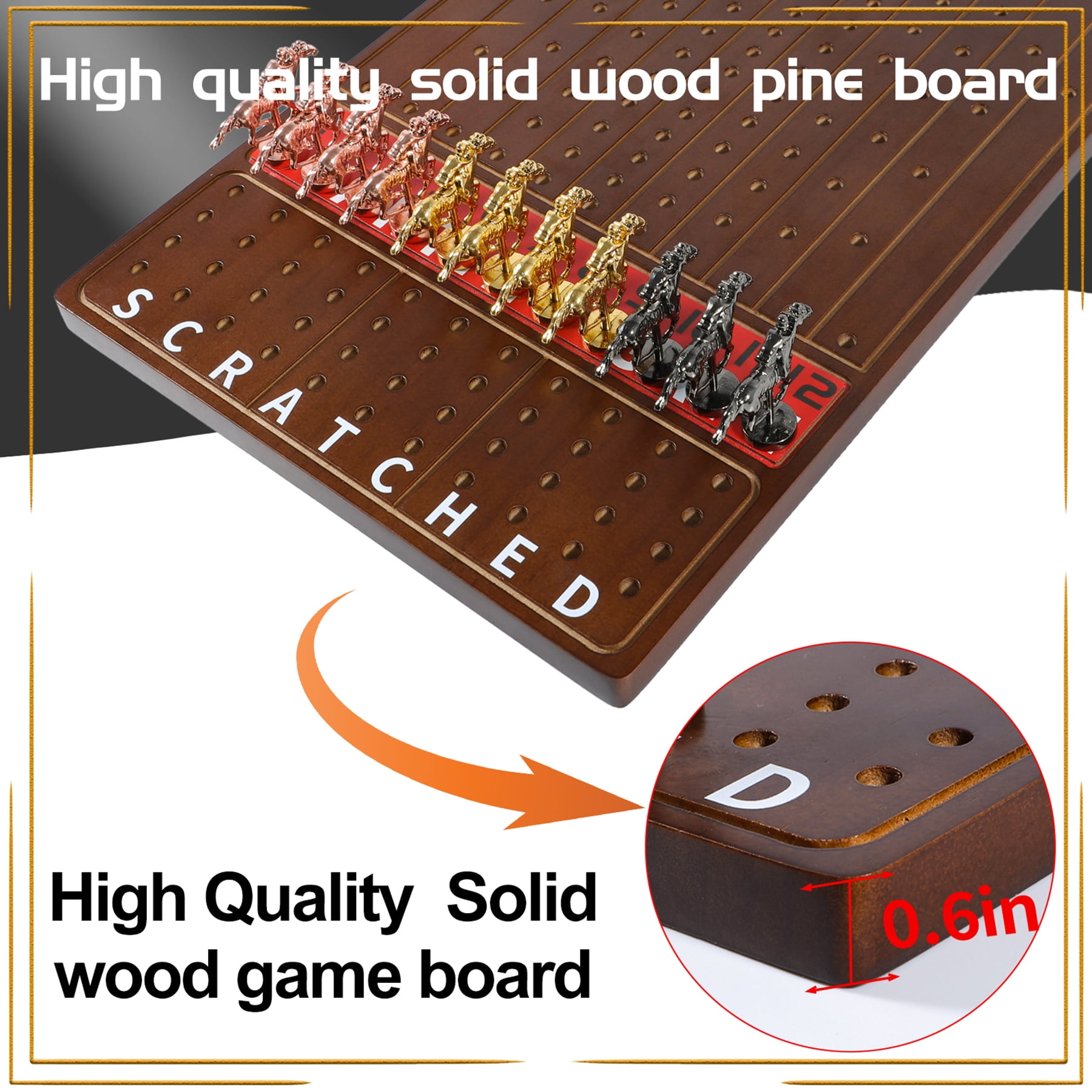 Grhonior Horse Race Board Game Racing Game Thickened Solid Wood with 11 Luxurious Durable Classic Metal Horses with 4 Dice and 2 Boxes of Cards Horse Racing Game (Walnut Color, Rectangle)