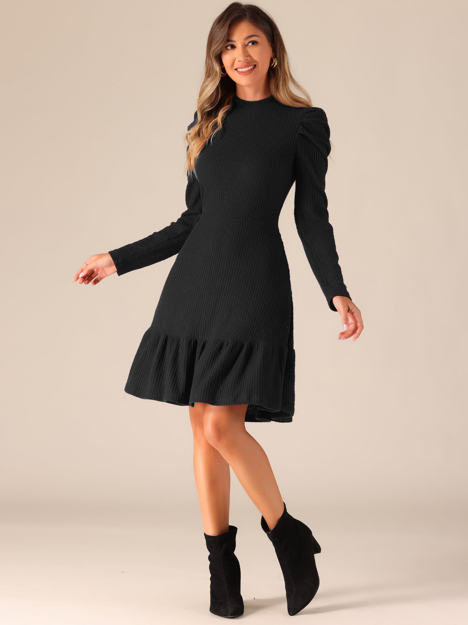 DARING DIVA Stretchy Puff Long Sleeve Ruffle Hem Knit Dress S Black