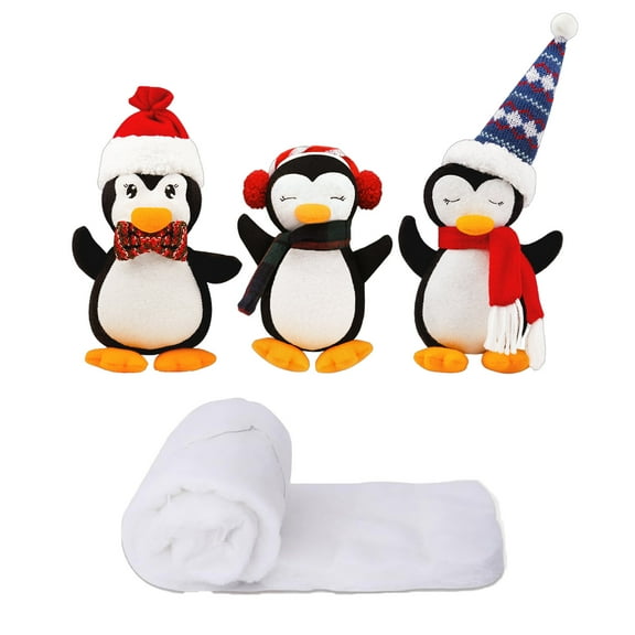 Christmas Plush Dolls Stairs Decorations Railing Set, Sliding Winter Penguins in Snow Carpet with LED Lights Festival Banister Decor