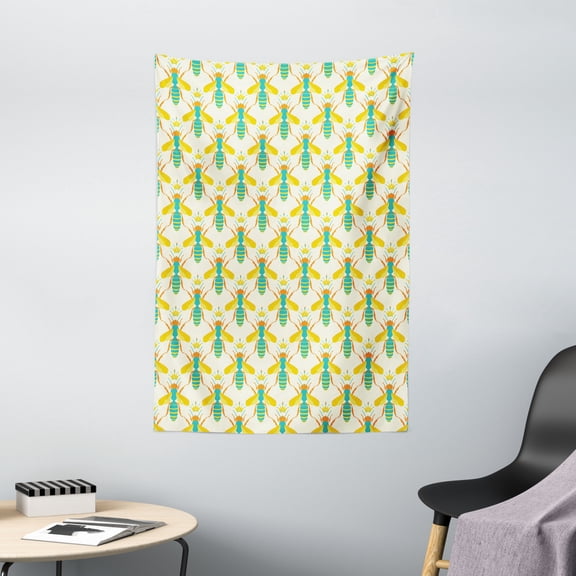 Bee Tapestry, Queen Bee of the Hive Wearing Crowns Print as Continuous Pattern on Plain Backdrop, Wall Hanging for Bedroom Living Room Dorm Decor, 40W X 60L Inches, Multicolor, by Ambesonne