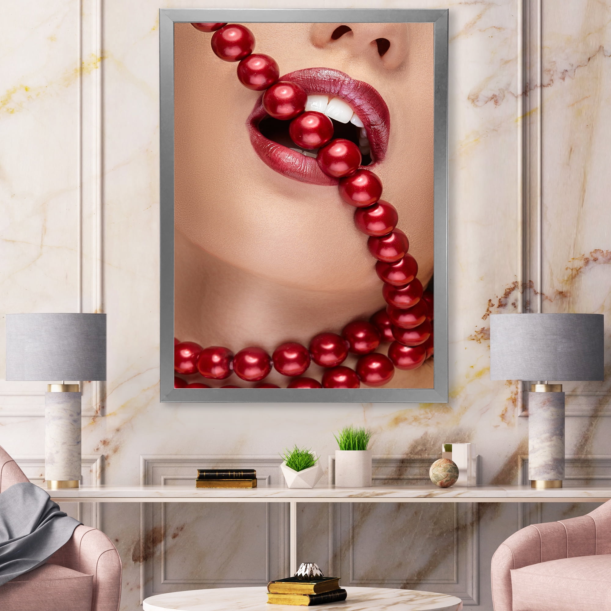 Designart 'Girl Mouth With Red Lipstick Biting Red Pearls' Modern Framed Art Print