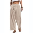 thumbnail image 2 of Nestiefly Linen Pants Women Wide Leg Palazzo Pants Flowy Elastic Waist Summer Beach Casual Trousers with Pockets Beige 2XL, 2 of 5