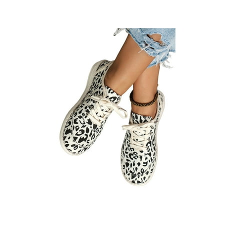 

Woobling Women Flats Comfort Casual Shoe Leopard Print Sneakers Outdoor Walking Shoes Slip Resistant Sneaker Lace Up Lightweight Black White 8.5